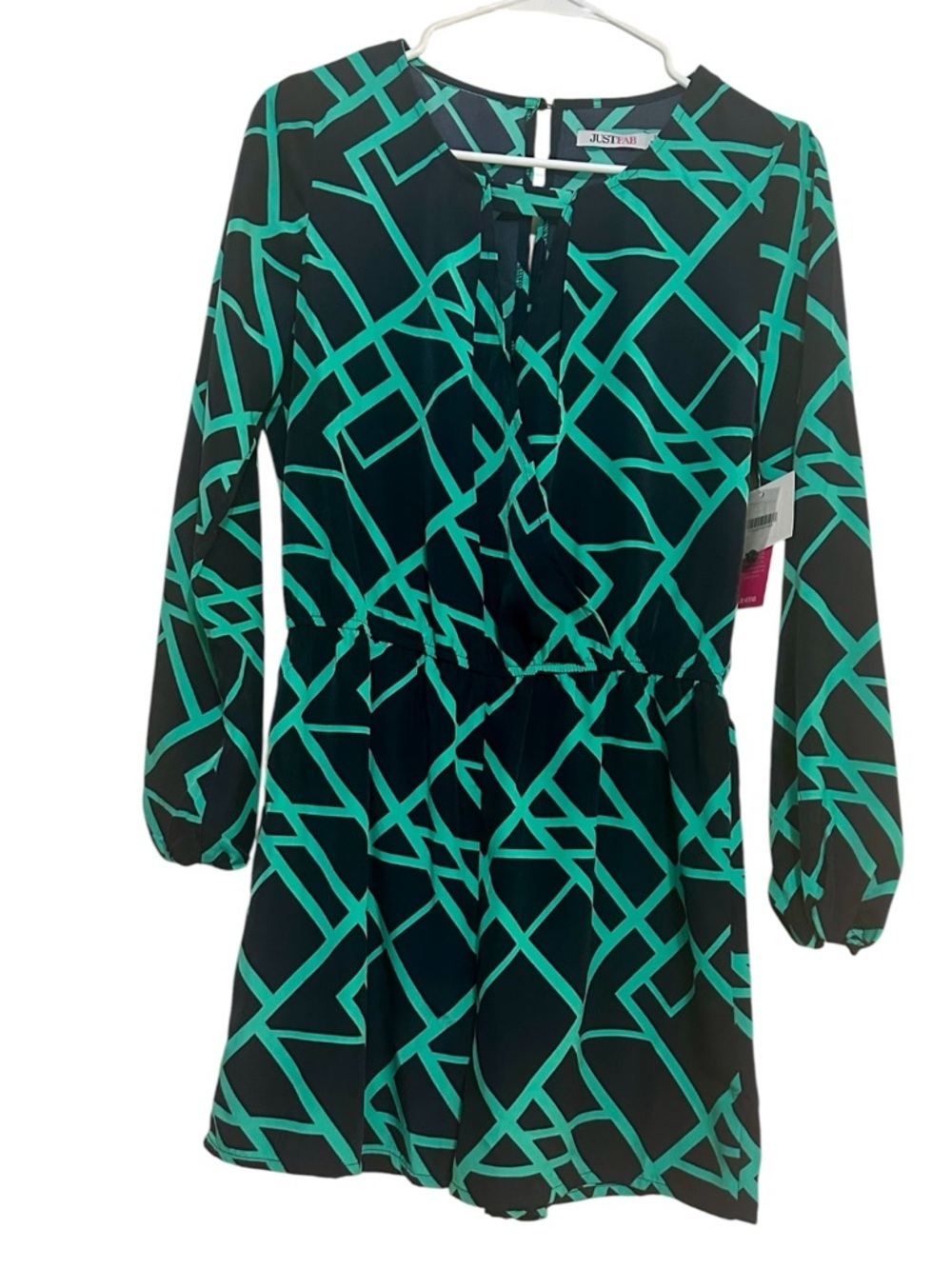 JustFab Romper Small Navy Green Geometric Faux Wrap Long Sleeve NWT - Picture 12 of 12